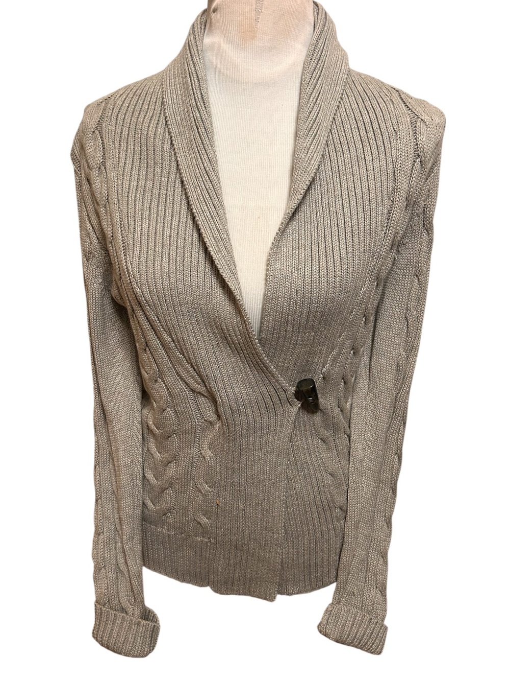 NWT Cable & Ribbed Knit Shawl Collar Asymmetrical Wrap Cardigan Sweater Neutral